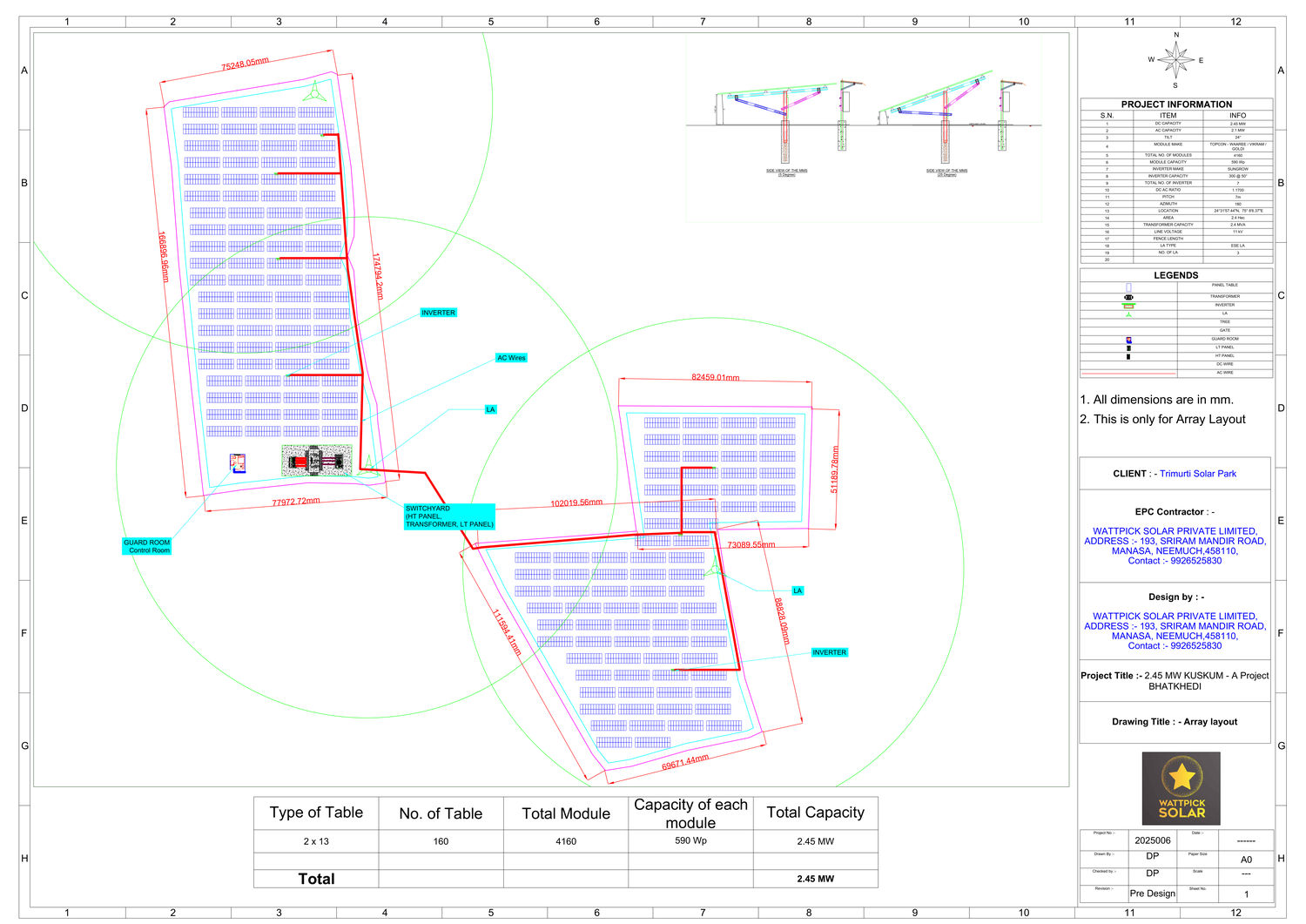Array layout engineering drawing for Trimurti Solar Park Bhatkhedi