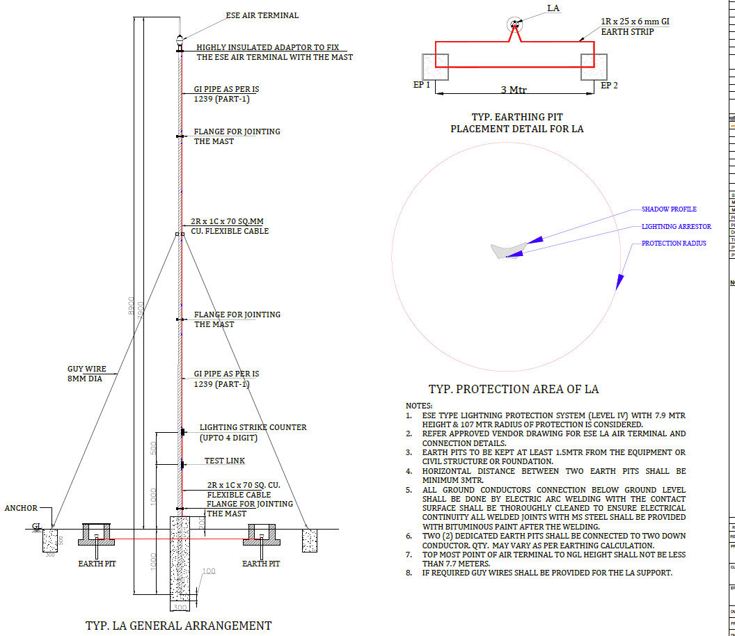 ESE-type lightning arrester general arrangement and earthing pit placement detail