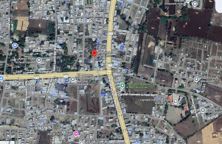 Google Maps satellite view showing the WattPick Solar location pin near Manasa-Piplia Mandi Road