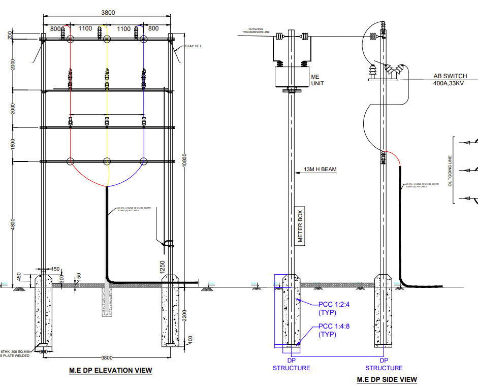 M.E. DP elevation and side view drawing with AB switch, meter box and structure foundation details