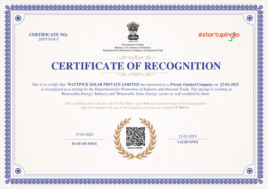 Startup India Certificate of Recognition for WattPick Solar Private Limited