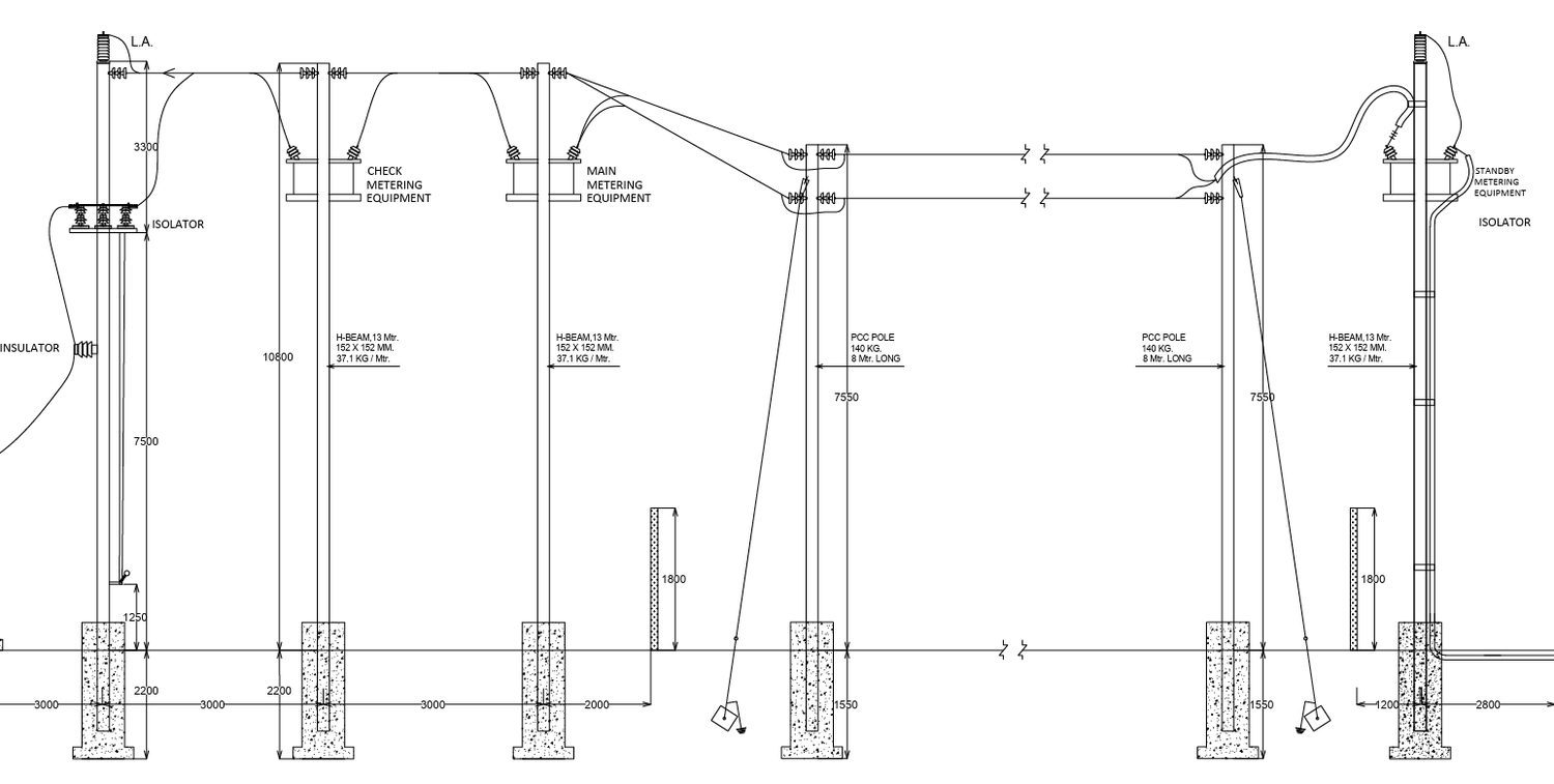 Transmission line pole layout with LA, isolator and metering equipment elevation